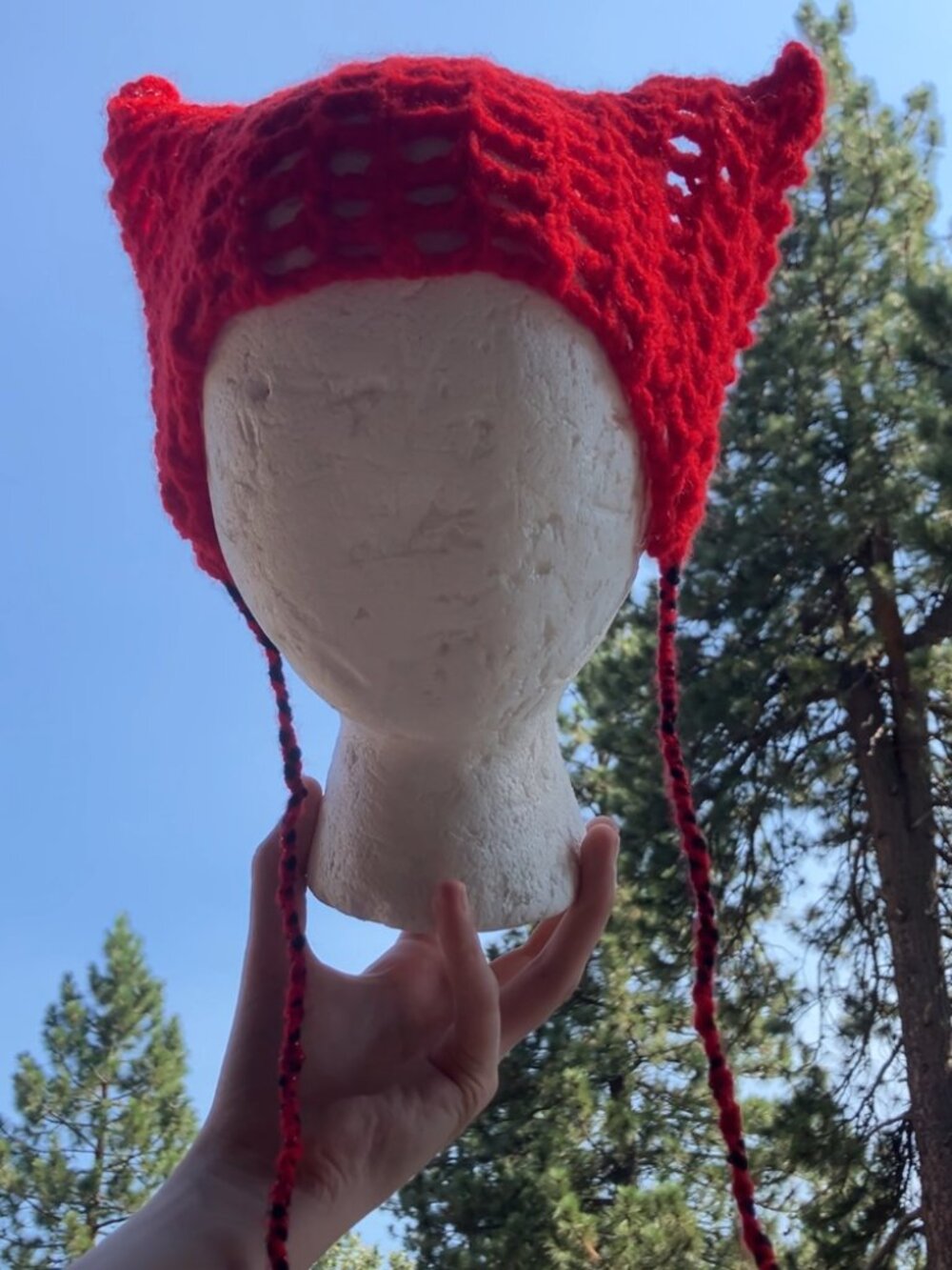 Red Hand-Crocheted Mesh Cat Hat